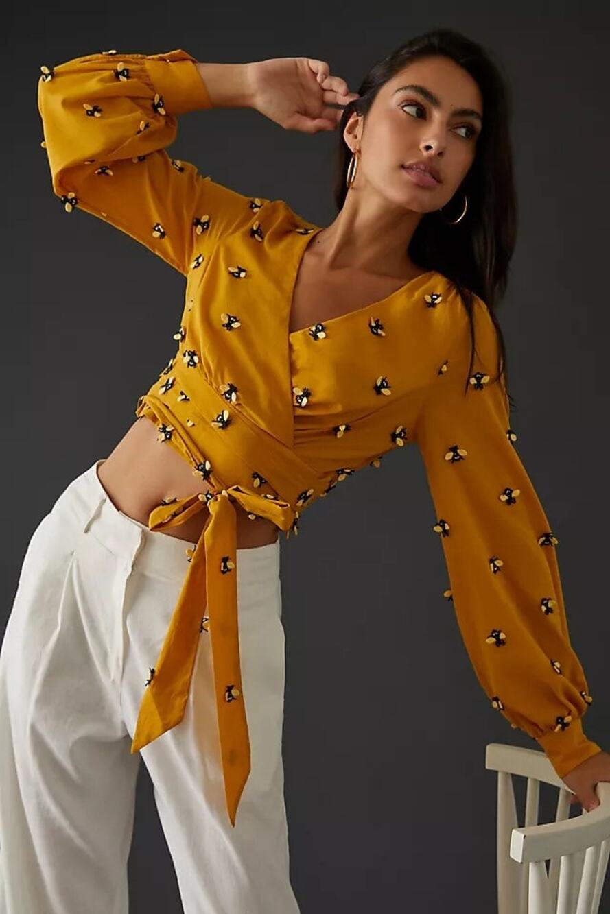 Maeve Anthropologie Bee Embroidered Wrap Top Mustard Yellow Size 4
